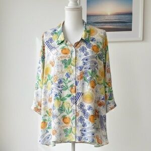 Rose & Olive| NEW Citrus & Sardines Print Oversized 3/4 Sleeve Blouse Sz 3X NWT